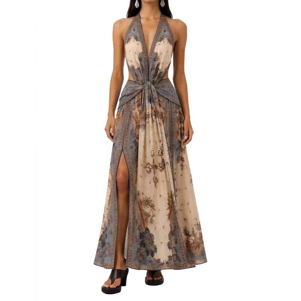 Sunnyup Bohemian Beige & Blue Halter  Maxi Dress